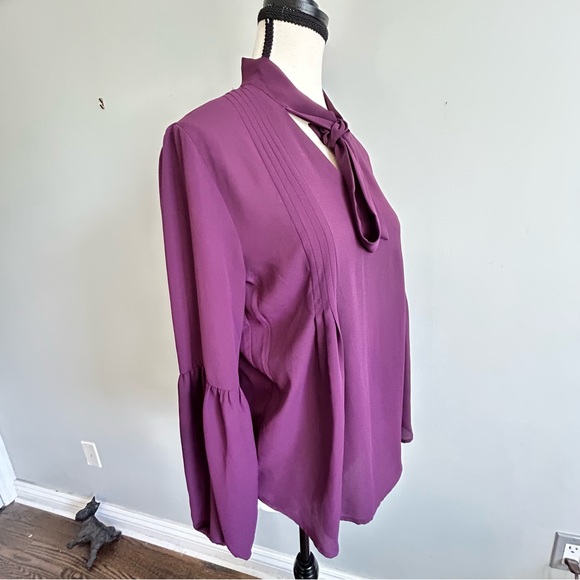 Banana Republic Burgundy Wine Tie Neck Women's Blouse Pleated Lantern Sleeves XS - Picture 2 of 9